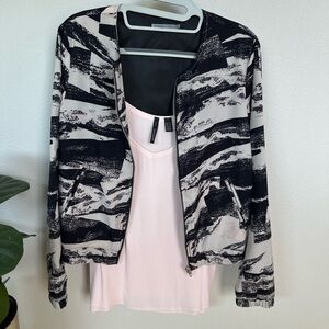 Black and White Patterned Jacket with Pink Top
